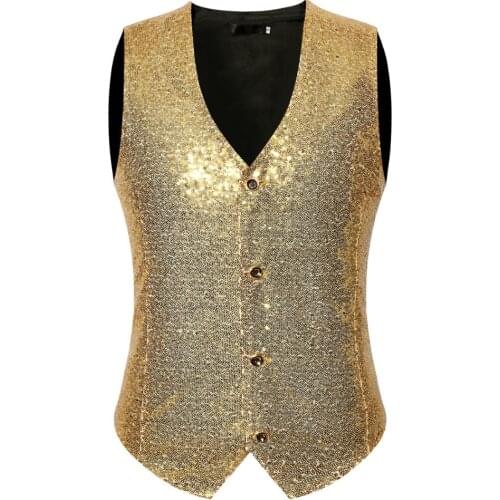 Mens Shiny Gold Embellished Single Breasted Vest Wedding Prom Slim Fit Vestcoat Men Gilet Homme DJ Club Stage Singer Costume xxl
