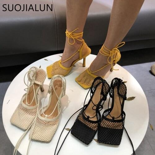 2021 New Hollow Breathable Mesh Women Sandals Square Toe Stiletto High Heels Women Pumps Ankle Lace-Up Elegant Dress Shoes