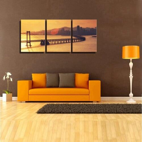 The Sunset Gold Light Bridge Posters and Prints Yellow Dusk Wall Art Canvas Painting for Office Wall Decor Dining Room Artwork