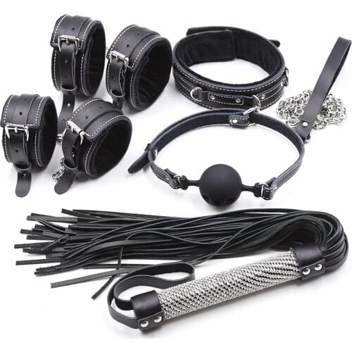 Hand And Handcuffs Set Genuine Leather Inner Plush Neck Brace Ball Ball Diamond Leather Whip