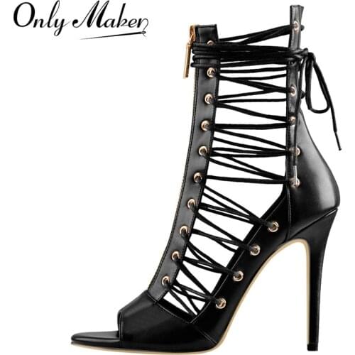 Onlymaker Womens Summer Peep Toe Sandals Matte Black Stiletto High Heels Cross Strap Lace-Up Shoes Cutout Zipper Large Size