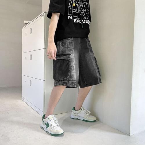 Summer Mens Denim Shorts Bandana Oversize Casual Short Pants Boy Paisley Male Brand Loose Drawstring Clothing 2021