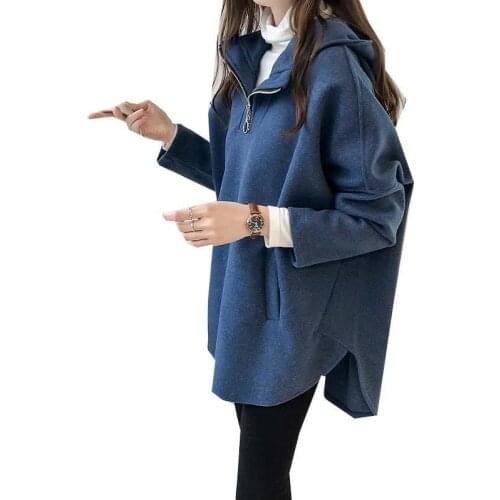 Woolen Sweatshirt Women 2021 Spring Autumn New Style Korean Loose Large Size Wool Cloak Coat Jacket Female Hooded Tops D1023