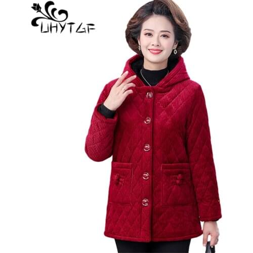 UHYTGF Quality Corduroy Winter Cotton Jacket Women Plus Velvet Thicken Hooded Cold Warm Coat Loose Large Size Parker Female 1470