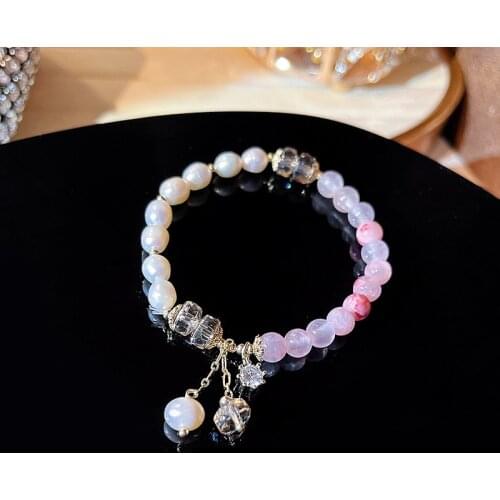 Elegant Geometric Natural Freshwater Pearls Pink Crystal Beaded Bracelets for Women Female Korean Fashion Jewelry Gifts YBR526