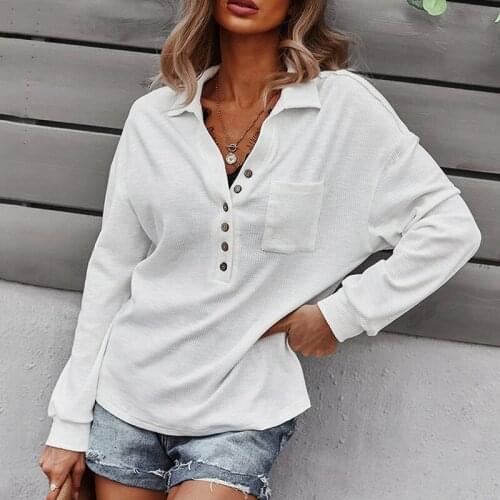 Knitting solid V-neck long sleeve womens sweatshirts causal single breasted Turn-down Collar women elegant autumn tops 2021