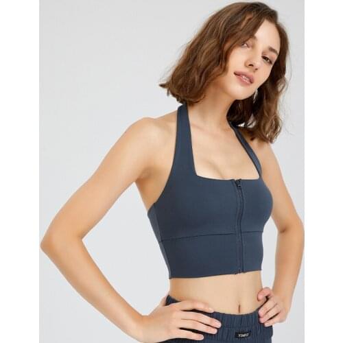 Front Zipper Widen Shoulder Straps Halter Fitness Sports Bra Tops Women Backless Shockproof Yoga Workout Vest Athletic Brassiere