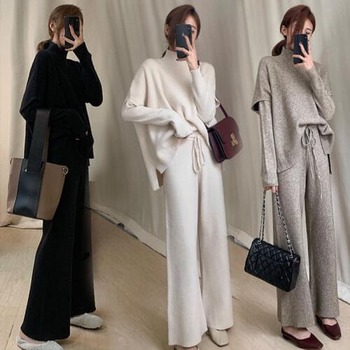 Women Sweater 3 Piece Knitted Sets Autumn Winter Fashion Pullover O-neck Top+Vests+Wide Leg Pants Suit Female Oversize Pantsuit