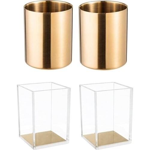 2 Packs Acrylic Pencil And Pen Holder With 2 Packs Pencil Cup Holder Pen Pot Makeup Brushes Holder Gold