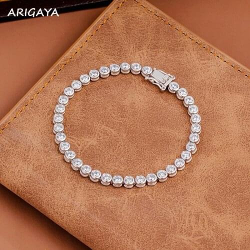 Platinum Plated 925 sterling Silver with 3mm Round cut Not real Moissanite Diamond Chain Tennis Bracelet Wedding Fine Jewelry