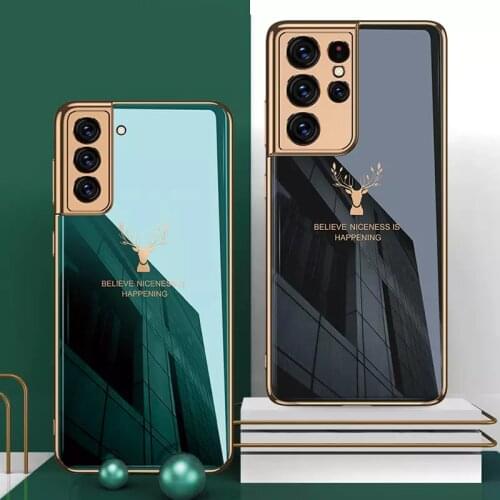 Deer Pattern Plated TPU Tempered Glass Phone Case For Samsung Galaxy S21 5G S 21 Ultra s21 plus Full Protector Camera Lens Cover