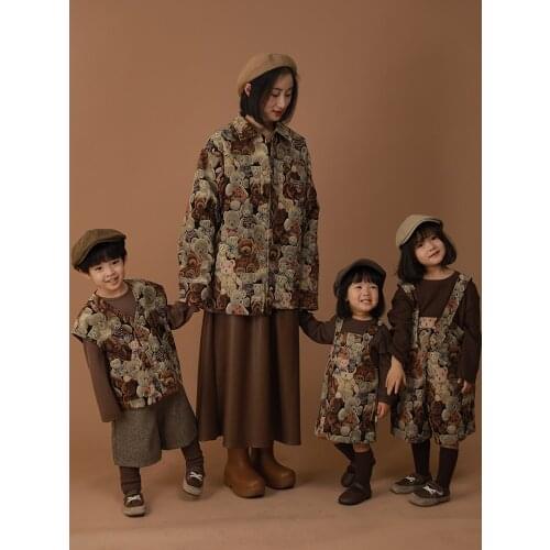 Childrens Cartoon Bear Jacquard Girl Dress Retro Shirt Baby Parent-child Outfit Jacket Casual Vest