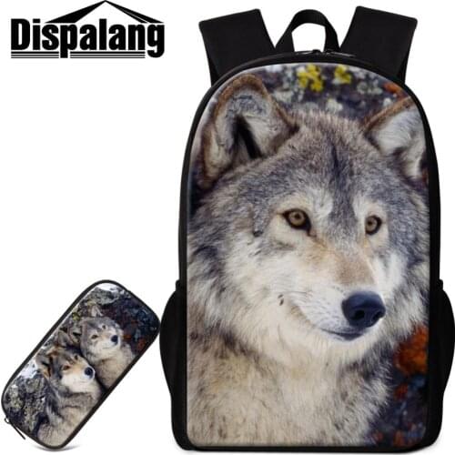 Dislapang Awesome Mochila Pencilcase for Children Coolest for Guys 2PCS Combination High School and Pencil Kid Bag Printing Wolf