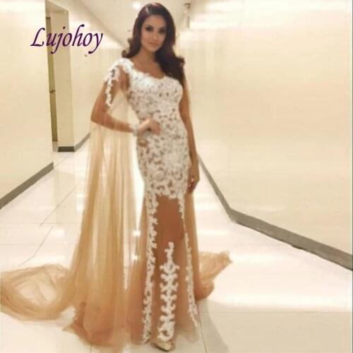Champange Long Lace Evening Dresses Party Mermaid With Cape Plus Size Women Ladies Sexy Girl Prom Formal Evening Gowns Dresses