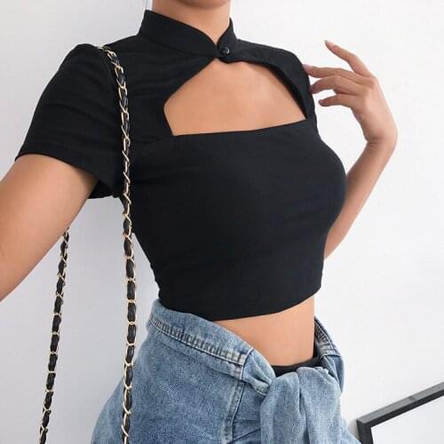 Missnight 2021 Sexy Black Tops Short Sleeve Hollow Out Stand Neck Tshirts Women Cropped T Shirt Vintage Womens Tops Streetwear
