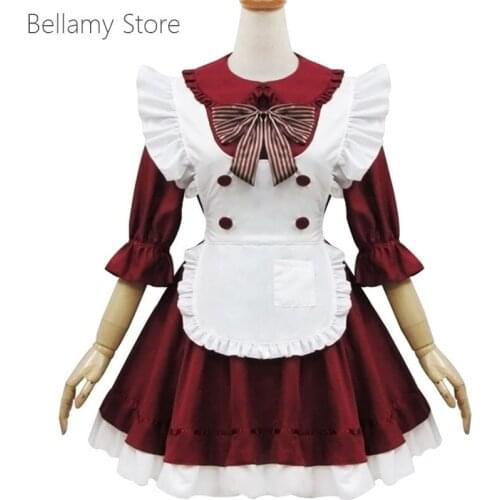 Customized handcraft Classic Lolita white apron red skirt mid sleeve Maid Dress