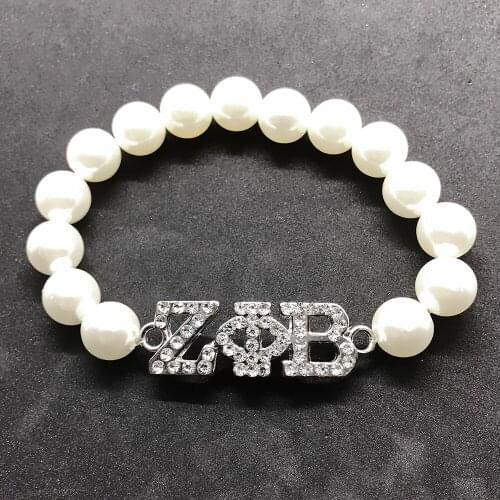 College Greek letter society ZETA PHI BETA sorority Jewelry ZPB Crystal Inlay Metal Pendant Simulation Pearl Elastic Bracelet