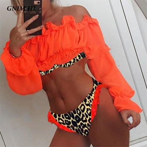 Leopard Swimsuit Women Chiffon Mesh Long Sleeve Bikini Swimwear 2019 Sexy Off shoulder Summer Bathing Suit Brazilian Biquini Set