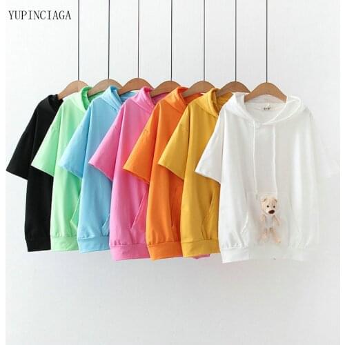 Harajuku Kawaii Hoodies Sweatshirt Women 2021 Summer Harajuku Hooded Short Sleeve Bear Student Sweet Pullovers With Ears 2114793