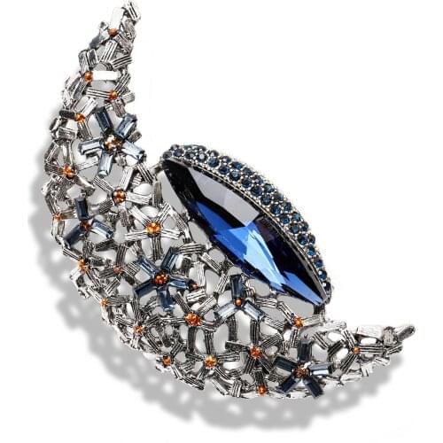 Fashion Vintage Big Blue Crystal Moon Brooches Silver Color Rhinestone Alloy Brooch Lady Party Pins Birthday Gifts
