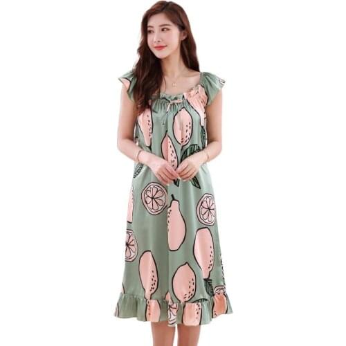 Nightdress Women Silk Soft Printed Sleepwear Sexy Breathable Female dress Casual Nightie Home Clothes Sleepdress Plus Size M-5XL