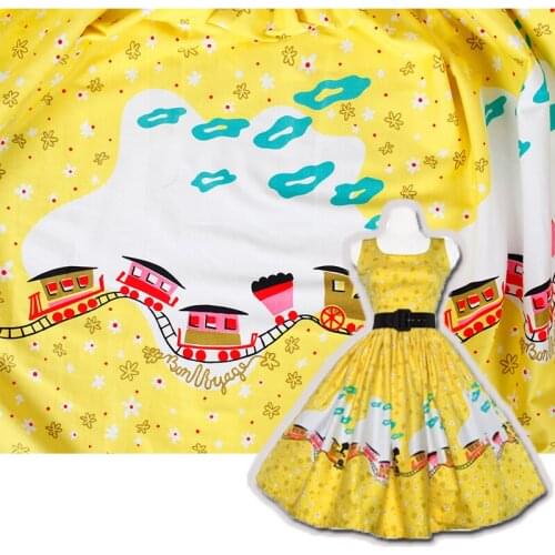 100x130cm Brandly New Design Yellow Train Printed Cotton Spandex Fabric For DIY Sewing
