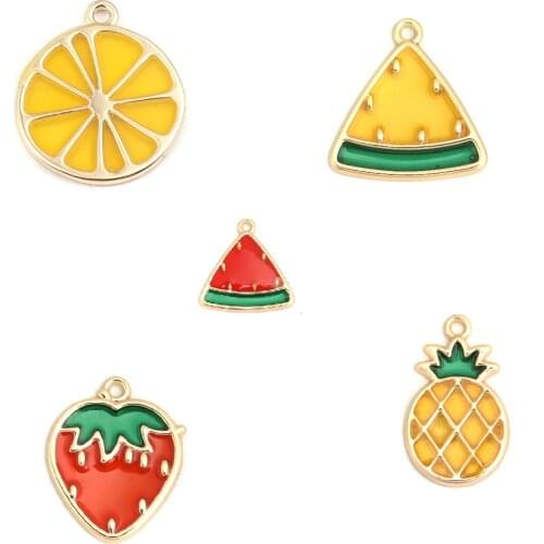 Fruit Enamel Charms Zinc Based Alloy Lemon Pineapple/ Ananas Pendants Gold Color For DIY Earring Necklace Jewelry Making, 5 PCs