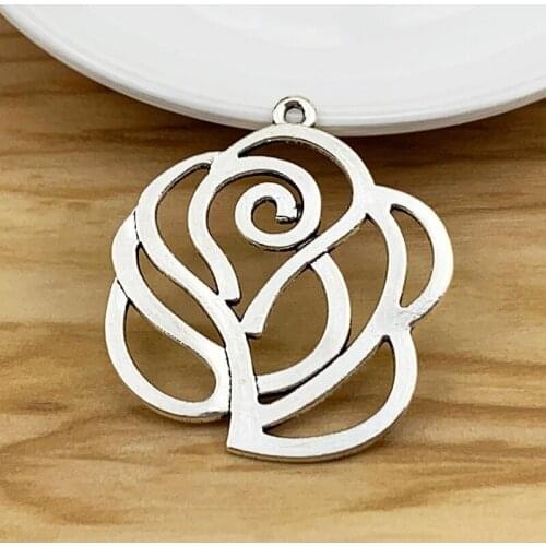 10 Pieces Large Hollow Rose Flower Silver Color Charms Pendants for Necklace Jewelry Making Accessories 47x42mm