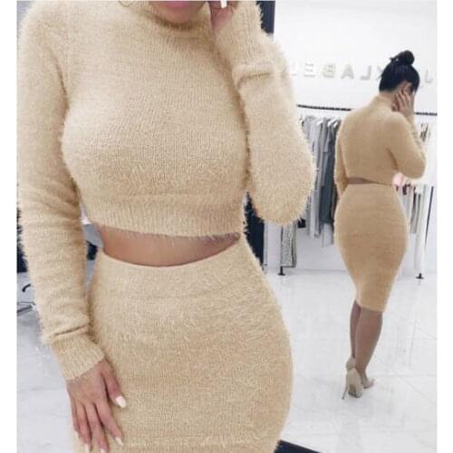 Sexy Women Sweater Bodycon Skirts Sets Two Piece Long sleeve Fleece Crop Tops Skirt 2 Pieces Knitted Tracksuit Suits Streetwear