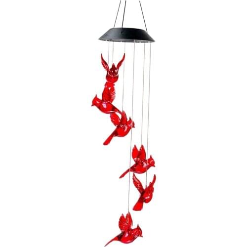 Solar Powered LED Red Cardinal Bird Wind Chime Light Garden Patio Decor