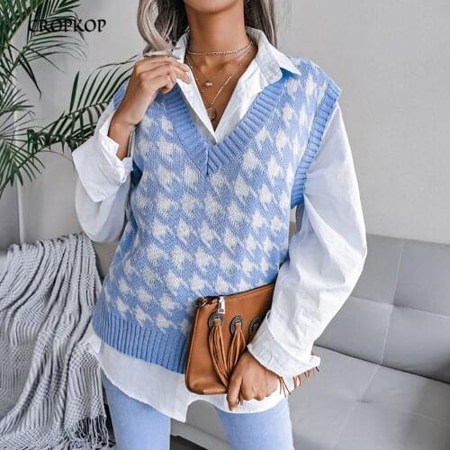 Women Houndstooth Sweater Vest Korean Style Sleeveless Knitted V-Neck Sweaters Elegant Loose Solid Top Casual Fashion Pullover