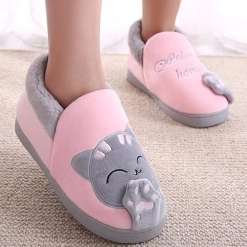 Womens House Shoes Women Warm Home Slippers Couple Shoes Female Plush Cat Animal Ladies Slip On Flats Woman Plus Size 36-44
