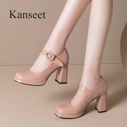 Kanseet Cow Patent Leather Womens Shoes Concise Office Ladies Elegant Woman Pumps Square Toe Buckle Thick High Heels Footwear