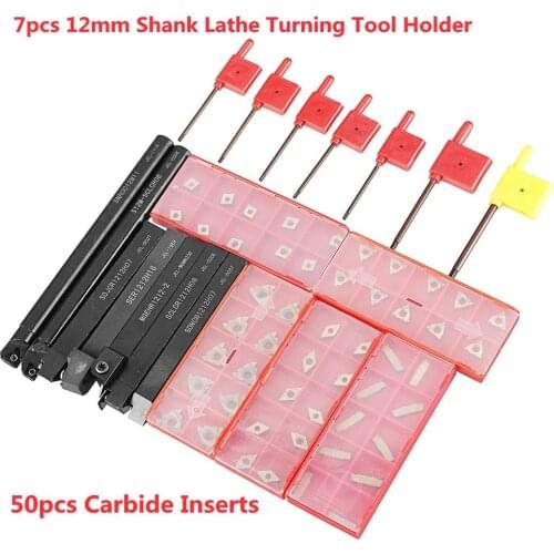 50Pcs Carbide Inserts with 7Pcs 12mm Shank Lathe Turning Tool Holder DCMT070204 CCMT060204 MGMN200 with ER/IR Carbide Inserts