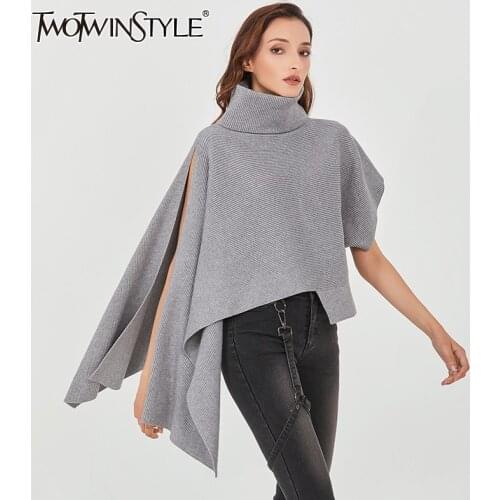 TWOTWINSTYLE Oversized Black Long Sweater For Women Turtleneck Sleeveless Side Split Casual Knitted Pullovers Female 2020 Fall