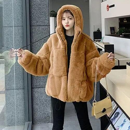 Womens Fur Jacket Famale Loose Faux Rabbit Fur Zip Hooded Thicken 2021 Winter short Fur Coat Excellent texture Thick fur