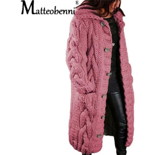 Women Winter Long Sleeve Hoodie Coat Chunky Crochet Knitted Solid Color Button Down Sweater Jacket Oversized Loose Tops Cardigan