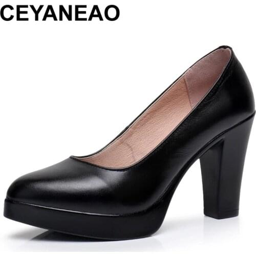 CEYANEAOGenuine Leather shoes Women Pointed Toe Pumps Sapato feminino High Heels Shallow Fashion Black Work Shoe Plus Size 33-43