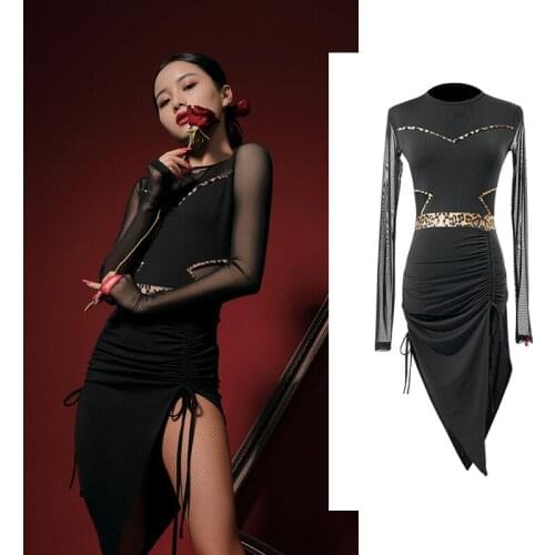 Latin Dance Sexy Practice Clothes For Women Adult Mesh See Through Long Sleeve Competition Performance Dress Rumba Outfit VO1446