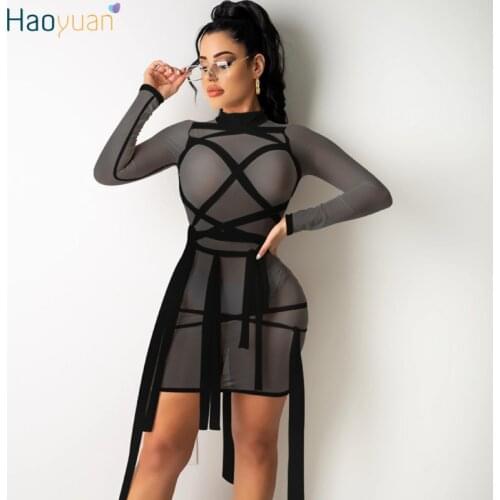 HAOYUAN Sexy Mesh Sheer Long Sleeve Bandage Dresses Birthday Outfits for Women New Plus Size Bodycon Mini Party Night Club Dress