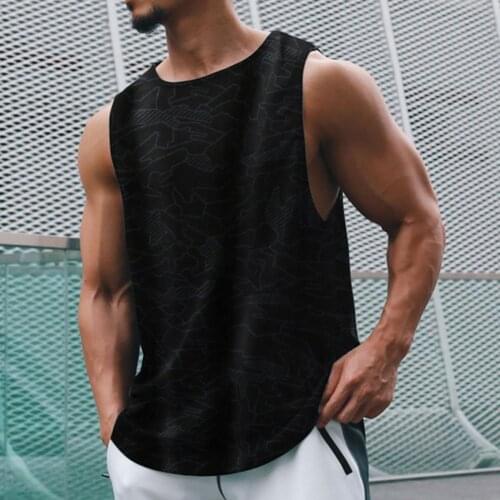 Summer Men Solid Color Casual Print Sleeveless Men Stylish Vest Sweat Absorbing O Neck Arc Hem Fitness Running Vest Loose Top