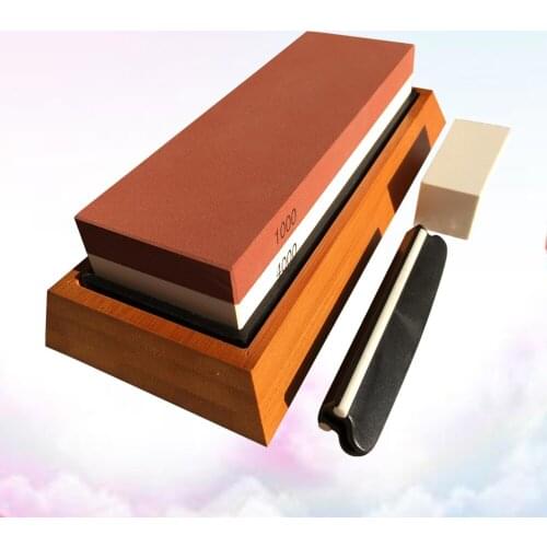 1 Set Assorted Sharpening Tools Wooden Base Grindstone Double-side Sharpening Stones Kitchen Supplies