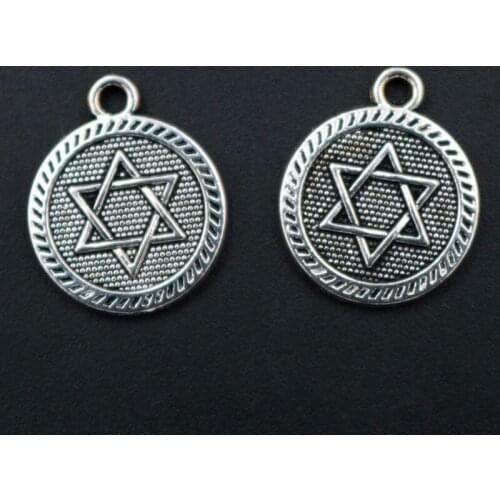 WKOUD 10pcs Silver Plated David Star Round Tablets Alloy Pendants Vintage Bracelet Necklace DIY Metal Jewelry Findings A1750