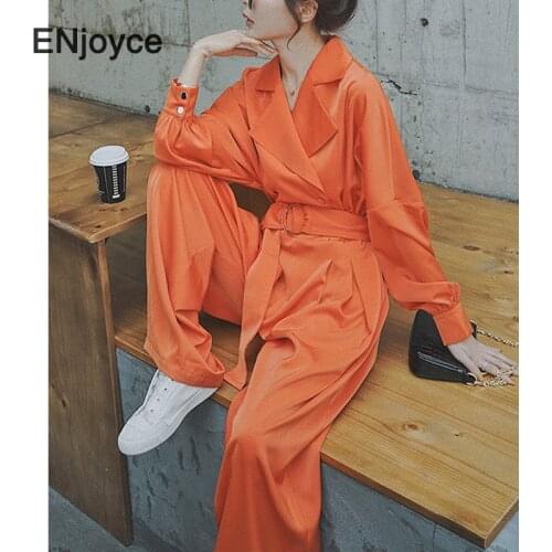 Women 2020 Spring Fall High Street Wide Leg Loogse Jumpsuits Korean Stylish Orange Long Sleeve Handsome Jumpsuits with Belt
