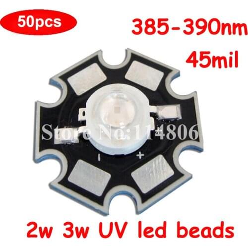 50pcs 2w 3 Watt UV/Purple Ultraviolet 385nm~390nm 45mil LED Chip Light Bead Parts With 20mm Substrate