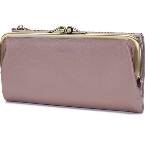 Annmouler Kisslock Womens Purse Genuine Leather Women Wallet Long Size Clutch Bag Laides Long Clip Cow Leather Phone Purse