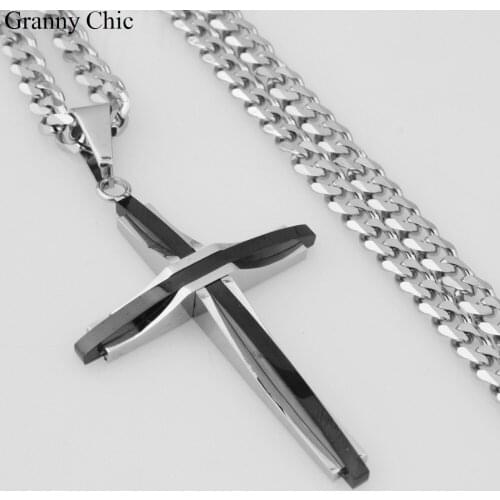 Granny Chic Hot Selling Mens Silver Black Stainless Steel Simple Cross Pendant Curb Chain Necklace including
