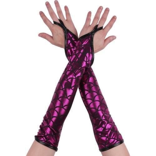 Shimmery Metallic Fish Scales Fingerless Long Gloves for Women Girls Wedding Evening Party Cosplay Costume Night Club Dancewear