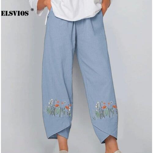Fashion New Floral Print Cotton Linen Pants Fall Summer Loose Irregular Elastic Waist Wide Leg Pant Casual Elegant Pocket Pants