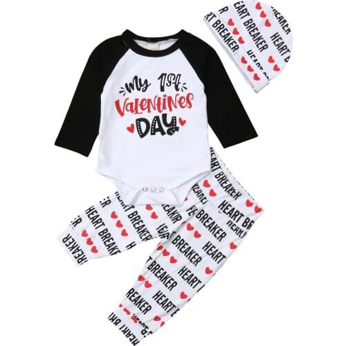 Baby Valentine 3Pcs Clothes Sets Newborn Toddler Babies Girl Boy Long Sleeve Bodysuit Tops+Letters Pants Hat Outfits Set 0-18M